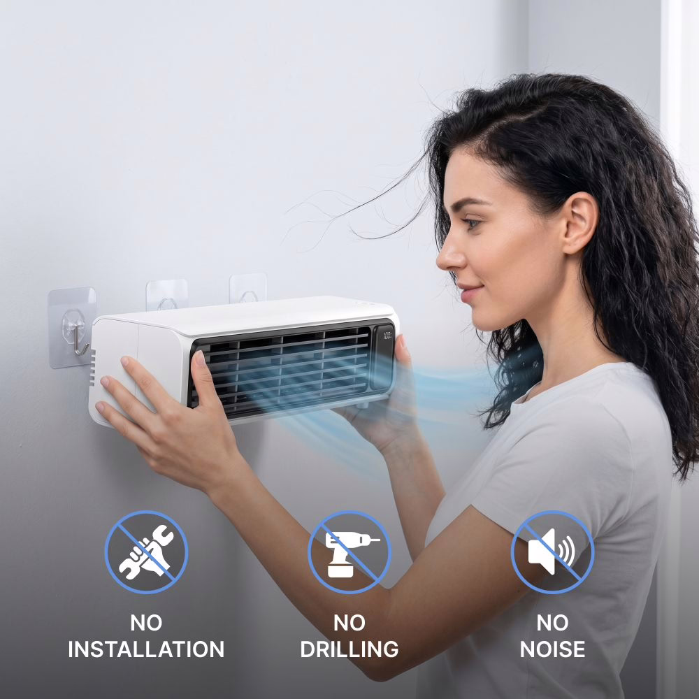 FrostyLax Luftkühler flach an einer Wand montiert, mit Klebehaken und ohne Bohren